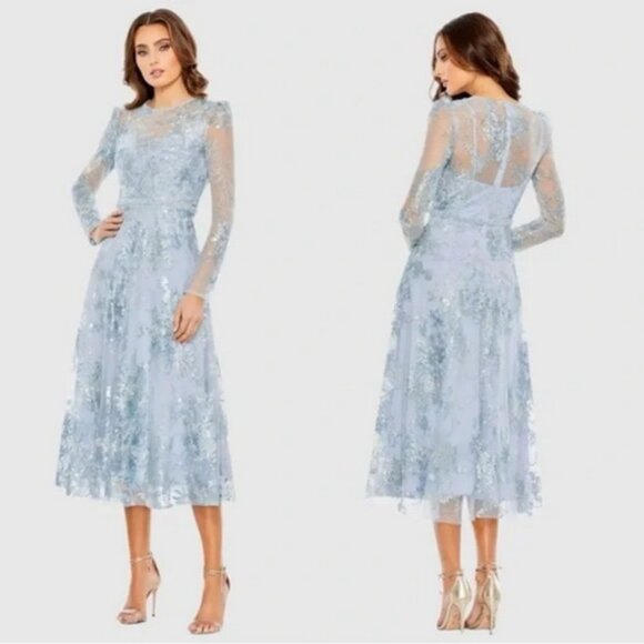 Mac Duggal Powder Blue Embellished Illusion Long Sleeve Midi Dress